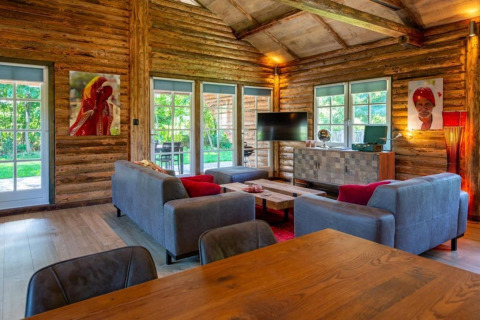 Indvendig foto af en hyggelig stue i træ, Paalchalet 723, Belgien, med sofaer, kunst og store vinduer.