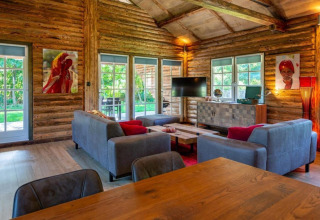 Indvendig foto af en hyggelig stue i træ, Paalchalet 723, Belgien, med sofaer, kunst og store vinduer.