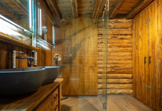 Moderne badeværelse i træstil med dobbelte håndvaske, glasset bruser og spejle på Paalchalet 723 i Belgien.