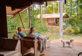 Two people relax on the porch of a Veluwe Lodge safari tent with a small dog and forest scenery around.