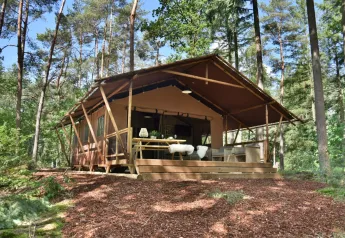 Veluwe Lodge safari tent at Camping Samoza in the Netherlands, surrounded by green forest and trees.