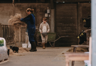 Una donna e un bambino nutrono animali in una stalla a Feather Down De Oude Melkstal, Brabante Settentrionale, Paesi Bassi.