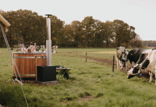 Kinder planschen im hölzernen Hot Tub auf einer Wiese mit Kühen im Feather Down De Oude Melkstal, Niederlande.