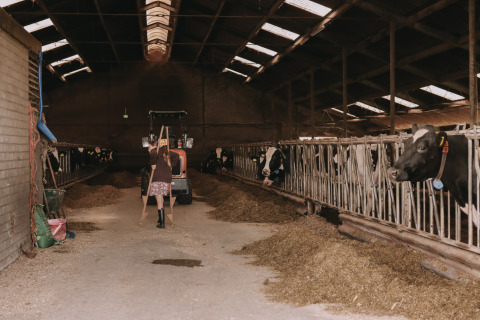 A person works inside the cow barn at Feather Down De Oude Melkstal holiday park in North Brabant, Netherlands.