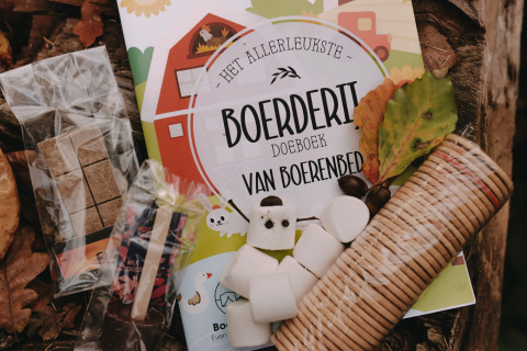 A gift pack with snacks, leaves, and booklet on a log, photographed at Feather Down De Oude Melkstal.