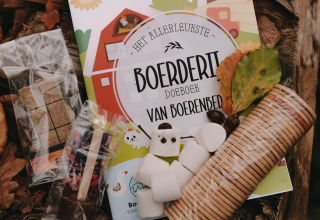 A gift pack with snacks, leaves, and booklet on a log, photographed at Feather Down De Oude Melkstal.