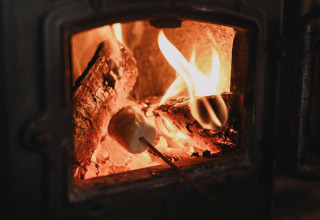 Roasting marshmallows over a wood stove at Feather Down De Oude Melkstal, holiday park in North Brabant, Netherlands.