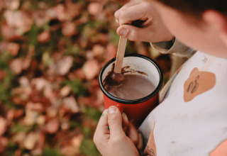 Un niño sostiene una taza roja de chocolate caliente y mezcla, rodeado de hojas otoñales cerca de Valkenswaard.