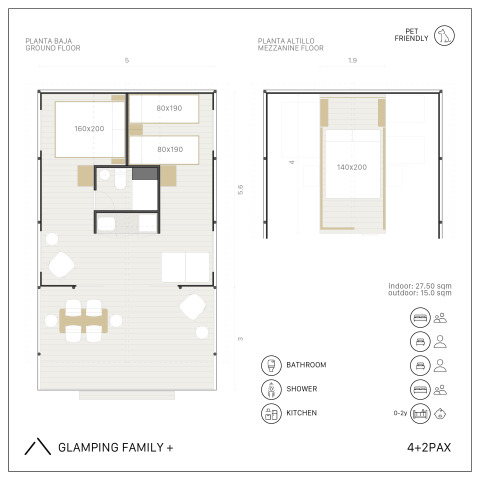 Plattegrond van de Glamping Family Plus safaritent bij Wecamp Cadaqués, Spanje, met slaap- en leefruimtes.