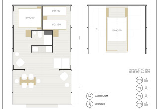 Plattegrond van de Glamping Family Plus safaritent bij Wecamp Cadaqués, Spanje, met slaap- en leefruimtes.