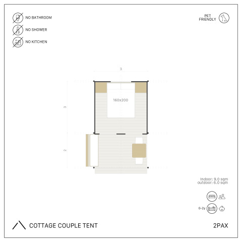Planimetria del Cottage Couple Tent al Wecamp Cadaqués, Spagna, con informazioni su servizi e capacità.