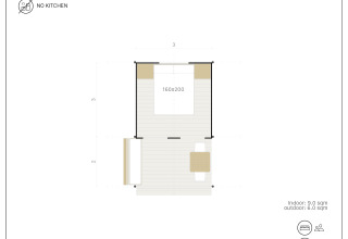Plano de la tienda Cottage Couple Tent en Wecamp Cadaqués, España, con detalles de servicios y capacidad.