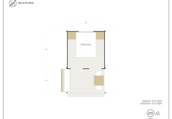 Plano de la tienda Cottage Couple Tent en Wecamp Cadaqués, España, con detalles de servicios y capacidad.