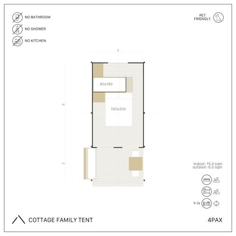 Plano de la Cottage Family Tent en Wecamp Cadaqués, España, para 4 personas, sin baño, sin cocina, admite mascotas.