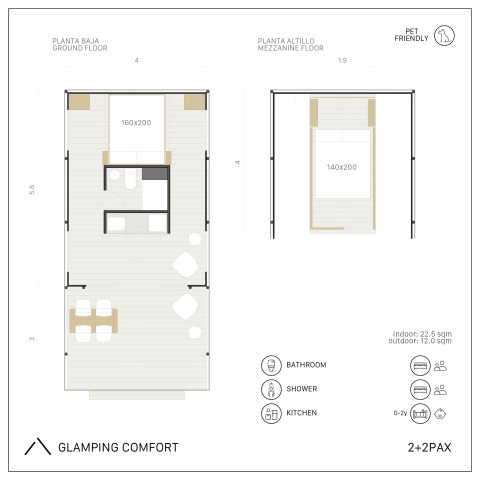 Plattegrond van Glamping Comfort safari tent met badkamer en keuken bij Wecamp Cadaqués, Spanje, voor 2+2 personen.