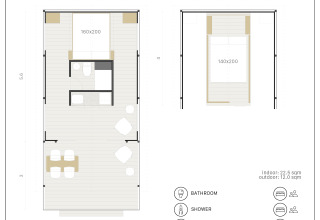 Plattegrond van Glamping Comfort safari tent met badkamer en keuken bij Wecamp Cadaqués, Spanje, voor 2+2 personen.