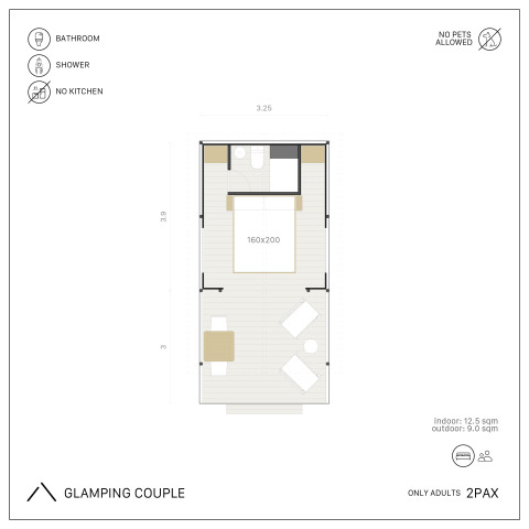 Plattegrond van Glamping Couple safaritent met sanitaire voorzieningen bij Wecamp Cadaqués, Spanje.