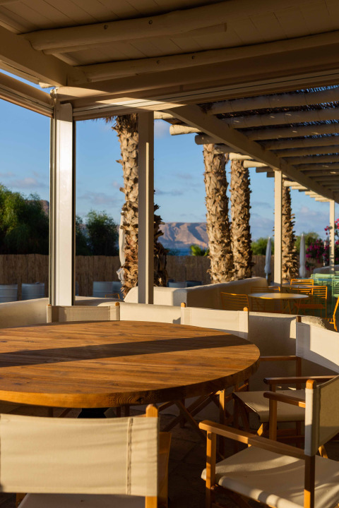 Outdoor terrace at Wecamp Cabo de Gata, Andalusia, Spain, with a round wooden table, chairs, and palm trees.