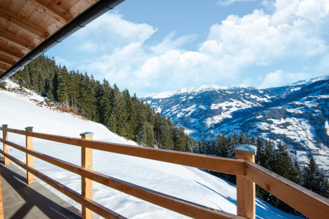 Udsigt fra Almhütte Nase chalet i Østrig med snedækkede bjerge, skov og klar blå himmel.