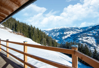 Udsigt fra Almhütte Nase chalet i Østrig med snedækkede bjerge, skov og klar blå himmel.