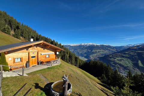 Udsigt over bjergene fra Almhütte Nase-chalet i Østrig, med træhytte, skov og sneklædte tinder.