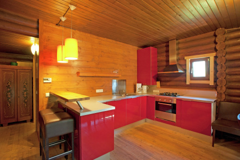 Cozy kitchen in Chalet Catharina im Brixental, Austria, featuring wooden walls and modern red cabinets.
