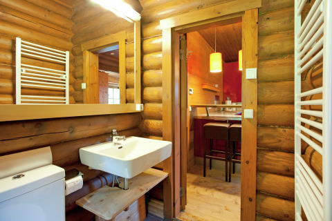 Bathroom with wooden log walls and modern fixtures at Chalet Catharina im Brixental, Austria.
