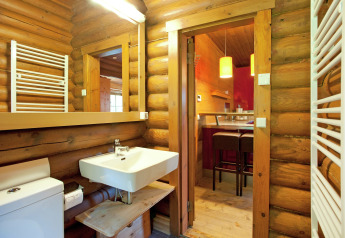 Bathroom with wooden log walls and modern fixtures at Chalet Catharina im Brixental, Austria.