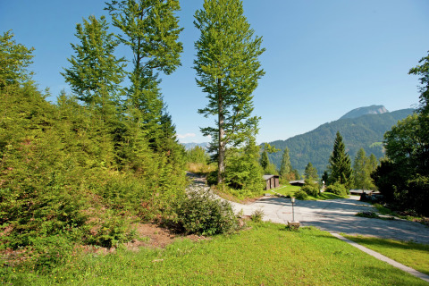 View of green trees, mountains, and Chalet Catharina im Brixental in Austria on a sunny, clear day.