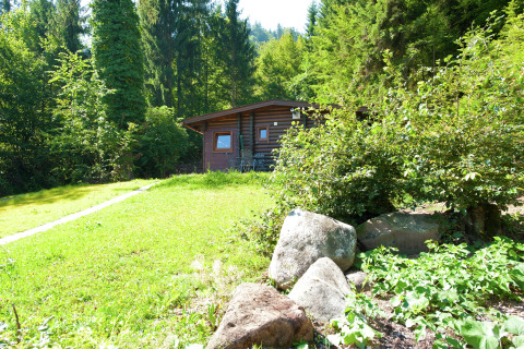 Wooden Chalet Catharina im Brixental in Austria, surrounded by lush greenery, trees and rocks.