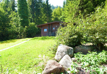 Wooden Chalet Catharina im Brixental in Austria, surrounded by lush greenery, trees and rocks.