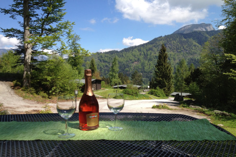 View from Chalet Catharina im Brixental in Austria with two glasses, a bottle and scenic mountains.