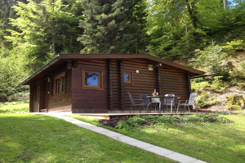 Wooden cabin with outdoor seating on a patio surrounded by lush forest at Chalet Catharina im Brixental, Austria.