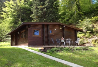 Wooden cabin with outdoor seating on a patio surrounded by lush forest at Chalet Catharina im Brixental, Austria.