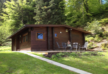 Wooden cabin with outdoor seating on a patio surrounded by lush forest at Chalet Catharina im Brixental, Austria.