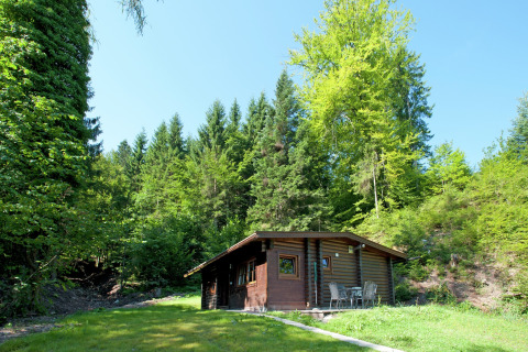 Chalet 'Catharina im Brixental', a wooden cabin in Austria, nestled among lush green forest on a clear day.