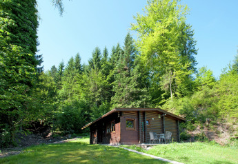 Chalet 'Catharina im Brixental', a wooden cabin in Austria, nestled among lush green forest on a clear day.