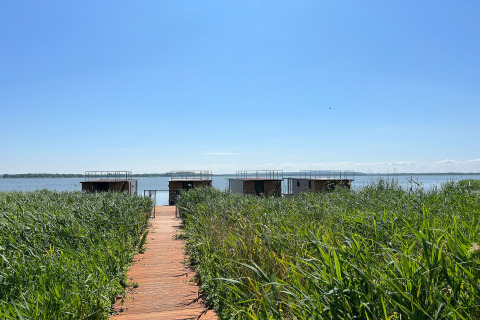 Houten pad door hoog gras naar woonboten op het water onder een blauwe lucht in Denemarken.