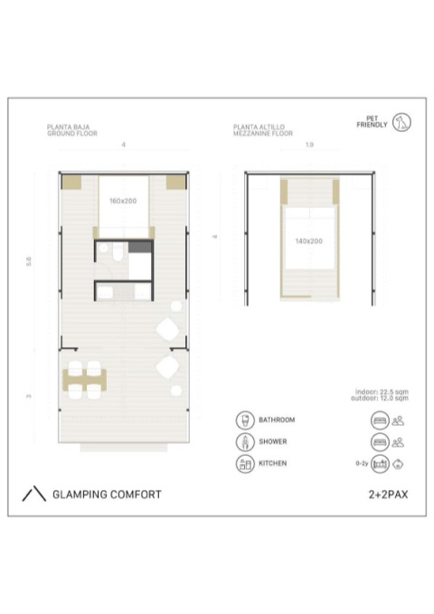 Grundriss des Glamping Comfort Safari-Zeltes mit zwei Betten, Bad, Küche und Wohnbereich für 2+2 Personen.