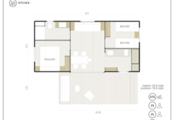 Plan d'une maison mobile familiale, avec pièces, équipements et dimensions pour 4 personnes, animaux acceptés.