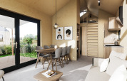 Interior moderno de lodge en Dordogne Deluxe, La Draille, Francia, con zona de comedor y cama altillo.