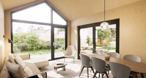 Lichte leef- en eetruimte in Dordogne Deluxe lodge bij La Draille, Frankrijk, met grote ramen en moderne inrichting.