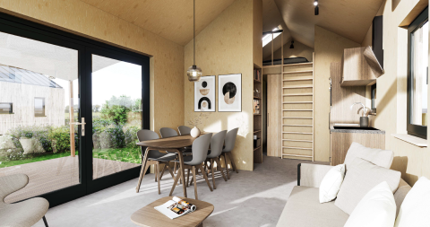 Licht en modern lodge-interieur bij Dordogne Deluxe, La Draille, Frankrijk met eet- en zithoek, en kitchenette.