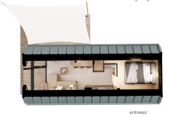 Draufsicht des Dordogne Deluxe Lodge mit Schlafbereich, Wohnzimmer und Terrasse im La Draille, Frankreich.