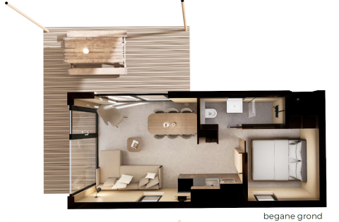 Plano del lodge Dordogne Deluxe en La Draille, Francia, con sala, cocina, baño, dormitorio y terraza exterior.