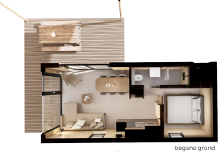 Plano del lodge Dordogne Deluxe en La Draille, Francia, con sala, cocina, baño, dormitorio y terraza exterior.