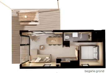 Plan du lodge Dordogne Deluxe à La Draille en France, avec salon, cuisine, salle de bain et terrasse extérieure.