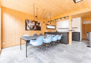 Moderne chalet-eetkamer met lichtblauwe stoelen, zwarte tafel, houten wanden en stijlvolle lampen in Oostenrijk.