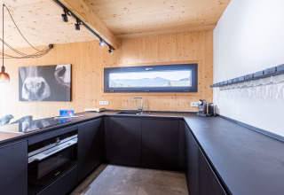 Moderne keuken met zwarte kastjes en houten muren in Kreischberg Chalets 28, Oostenrijk, met uitzicht.