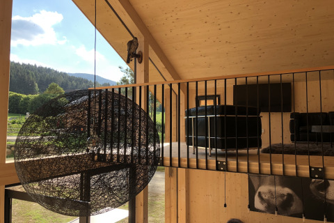 Interieur van Kreischberg Chalets 28 in Oostenrijk met moderne lounge, grote ramen en uitzicht op natuur.